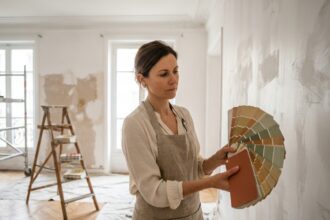 Décoratrice d'intérieur comparant des échantillons de peinture terracotta et vert sauge dans un appartement parisien en rénovation