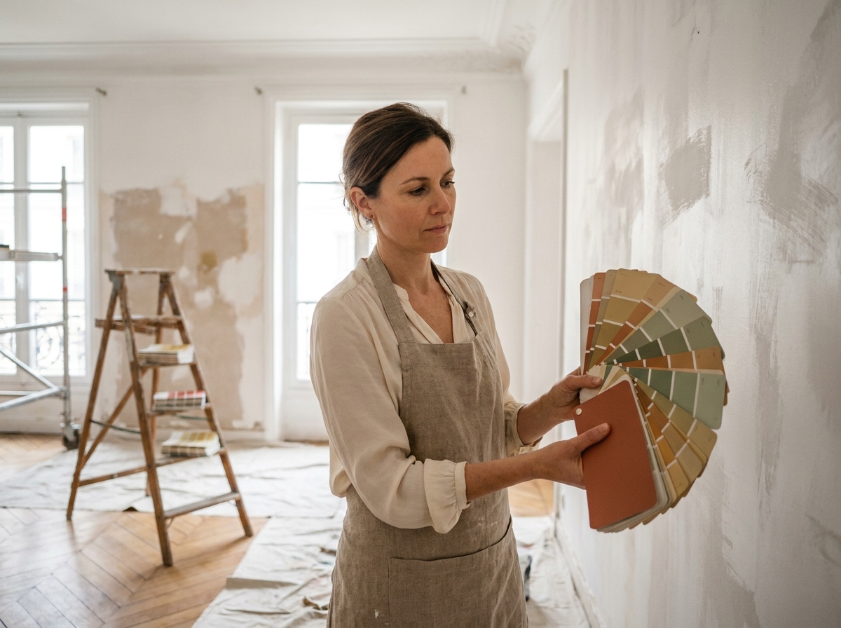 Décoratrice d'intérieur comparant des échantillons de peinture terracotta et vert sauge dans un appartement parisien en rénovation