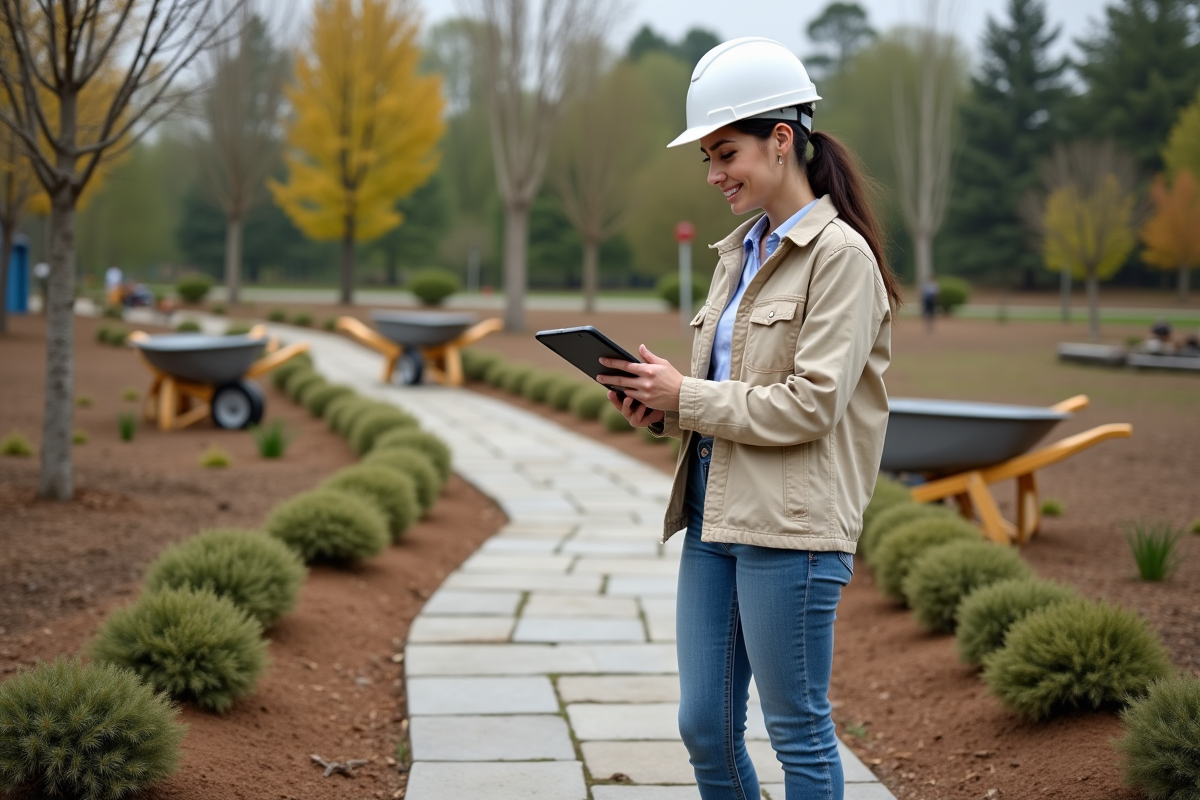 Jeune femme designer observant un chemin en pierre dans un parc