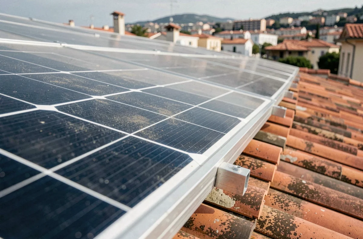 Gros plan sur des panneaux solaires monocristallins installés sur un toit à Nice avec vue sur la ville
