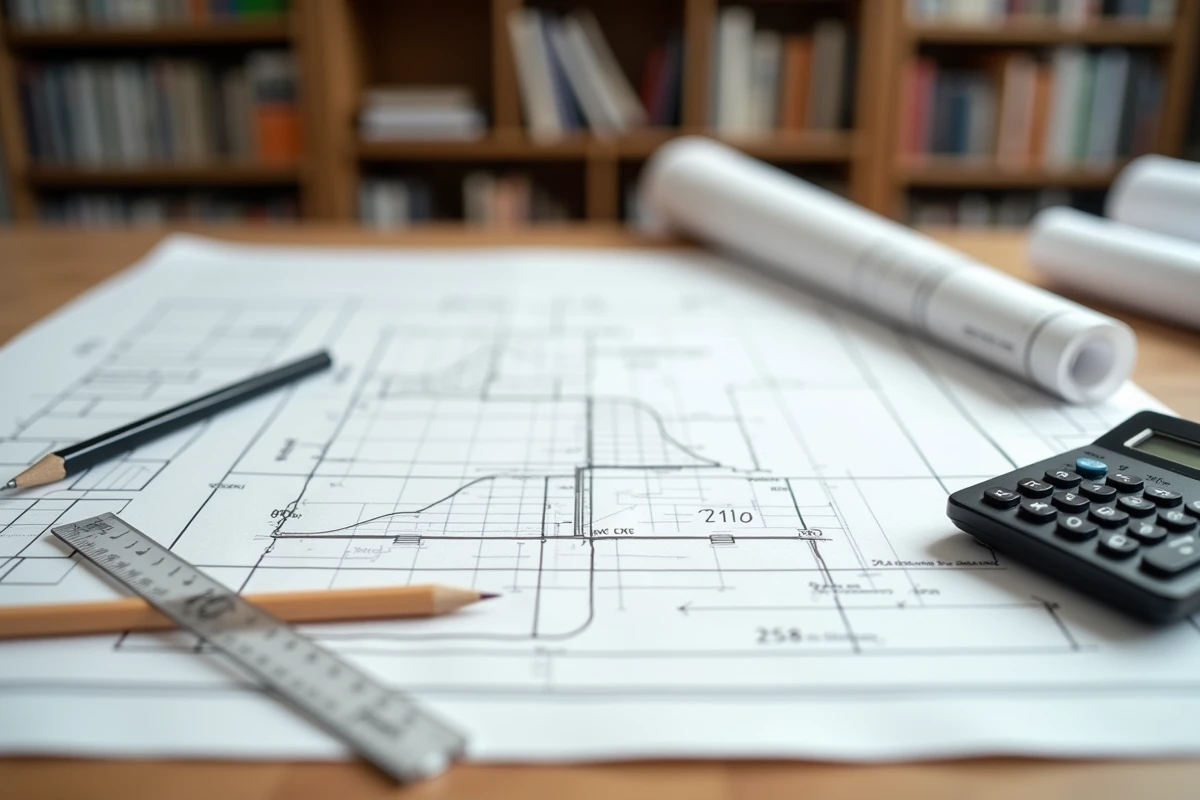 Table de travail d'architecte avec des diagrammes de pente dessinés à la main, un rapporteur et une calculatrice montrant la conversion de pourcentage en degrés