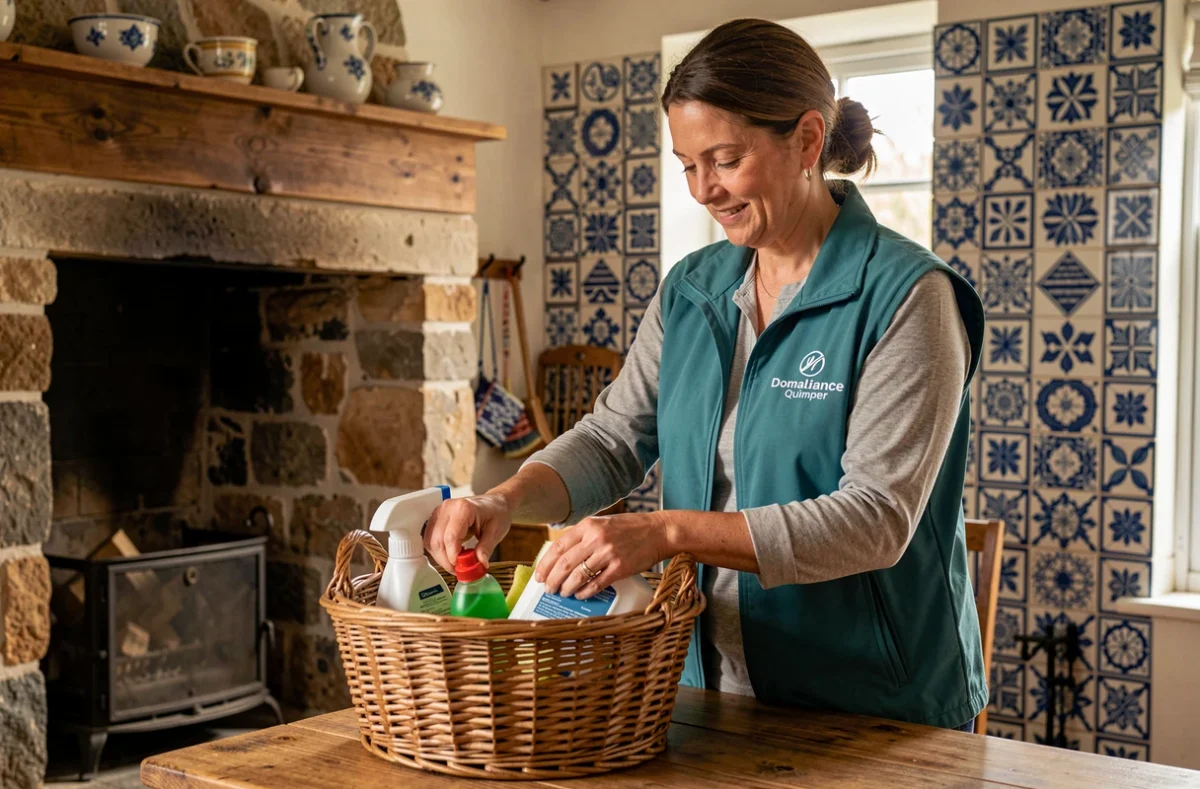 Professionnelle Domaliance Quimper préparant ses produits ménagers dans une maison bretonne