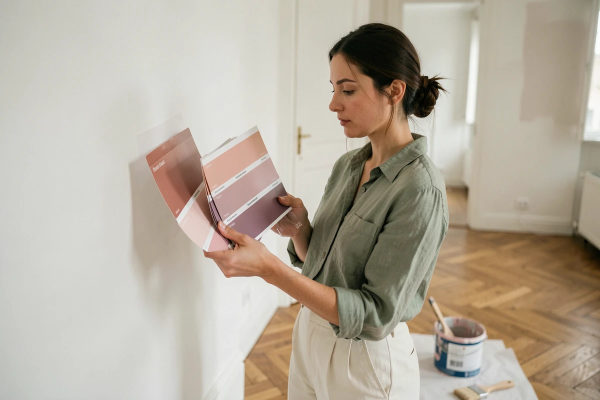 Décoratrice comparant des échantillons de peinture rose, mauve et blush sur un mur blanc dans un appartement haussmannien