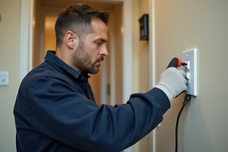 Électricien identifiant la phase, le retour et le neutre derrière un interrupteur poussoir encastré dans un mur résidentiel