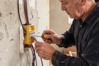 Électricien professionnel câblant un double va-et-vient sur un mur en plâtre dans un appartement en rénovation