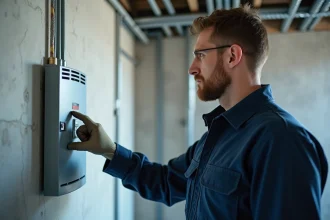 Électricien professionnel inspectant un disjoncteur différentiel type A dans un tableau électrique résidentiel