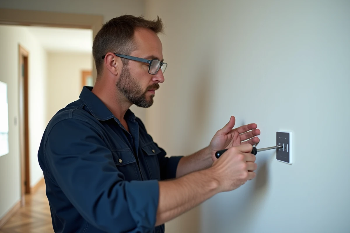 Électricien installant un interrupteur sans fil sur un mur blanc dans un appartement moderne en France