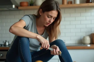 Femme enlevant du chewing-gum collé sur un jean indigo en cuisine avec un couteau à beurre