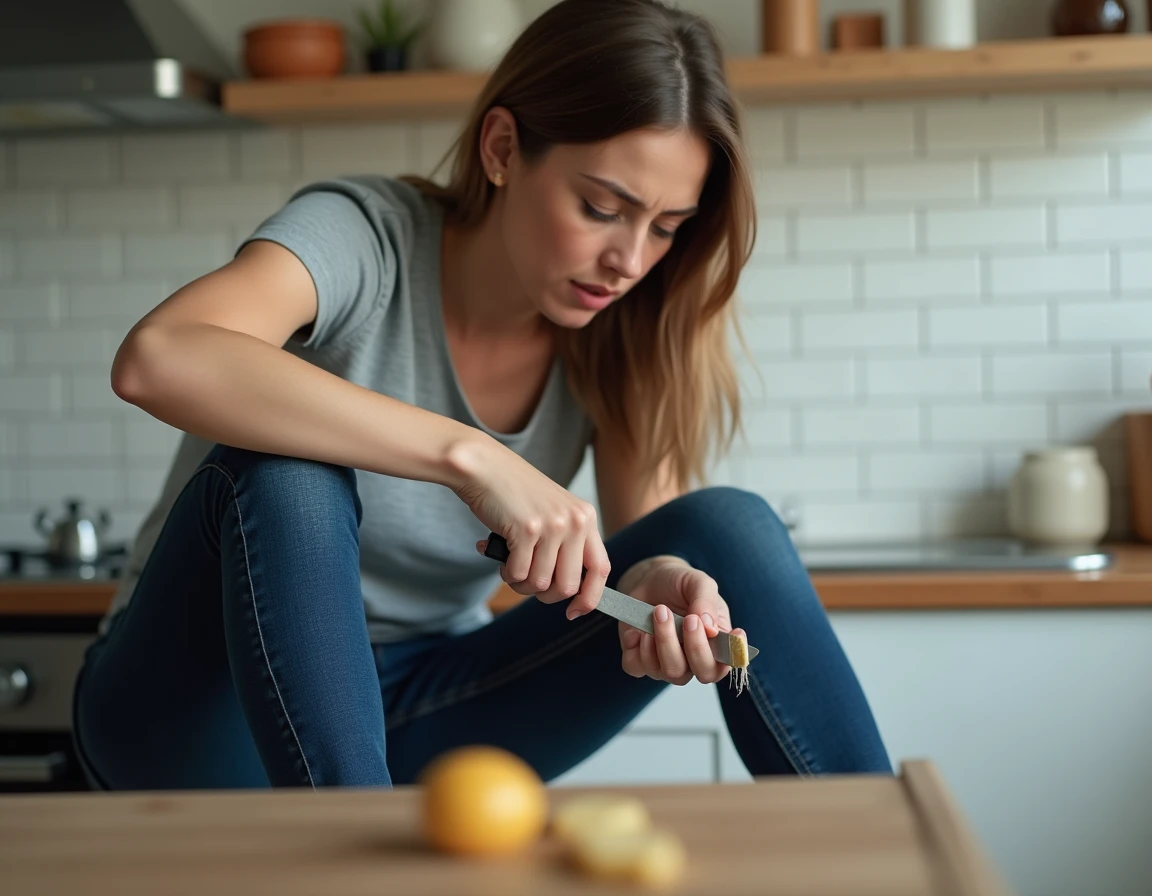 Femme enlevant du chewing-gum collé sur un jean indigo en cuisine avec un couteau à beurre