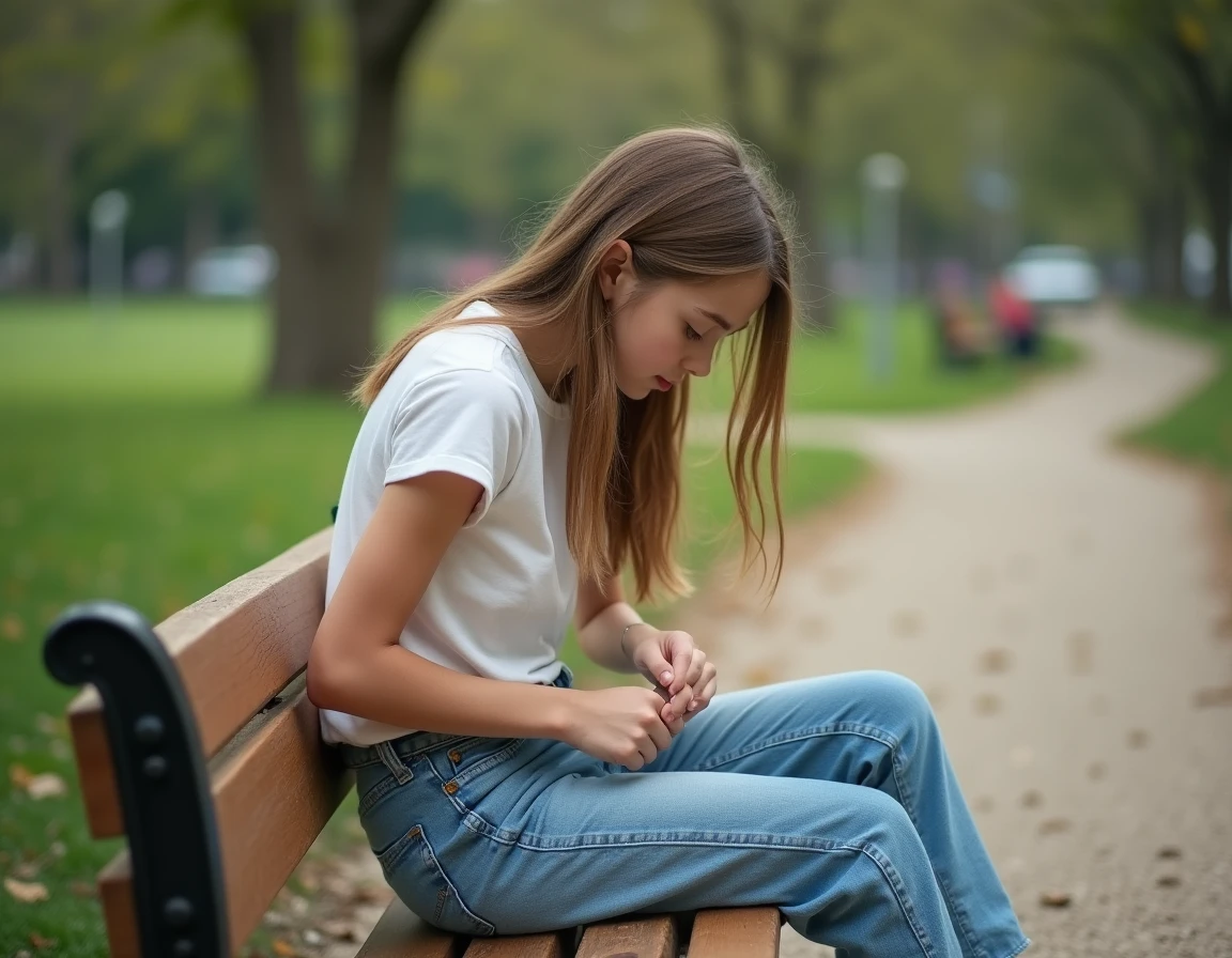 Jeune fille retirant du chewing-gum sur un jean clair avec un bâton dans un parc urbain