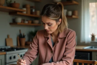 Femme tentant d'enlever une vieille tache sur une veste en daim rose avec une brosse douce et un chiffon blanc