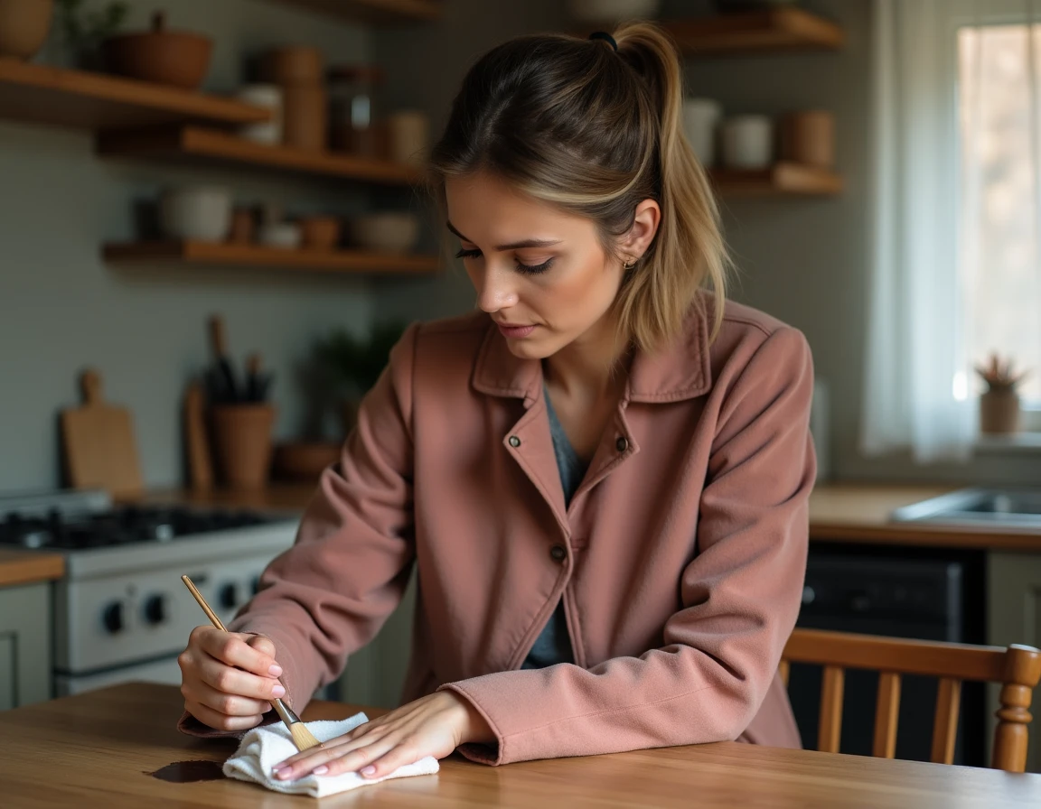 Femme tentant d'enlever une vieille tache sur une veste en daim rose avec une brosse douce et un chiffon blanc