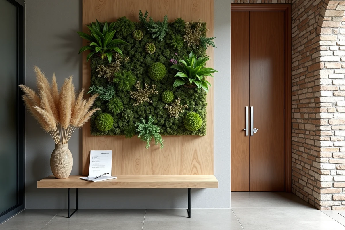 Entrée d'appartement avec un mur végétal en mousse preservée et un devis de décoration végétale posé sur une console en bois naturel