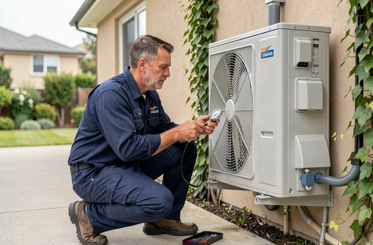 Technicien en train d'entretenir une pompe à chaleur air/air installée en extérieur d'une maison