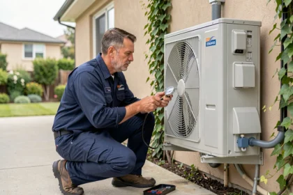 Technicien en train d'entretenir une pompe à chaleur air/air installée en extérieur d'une maison