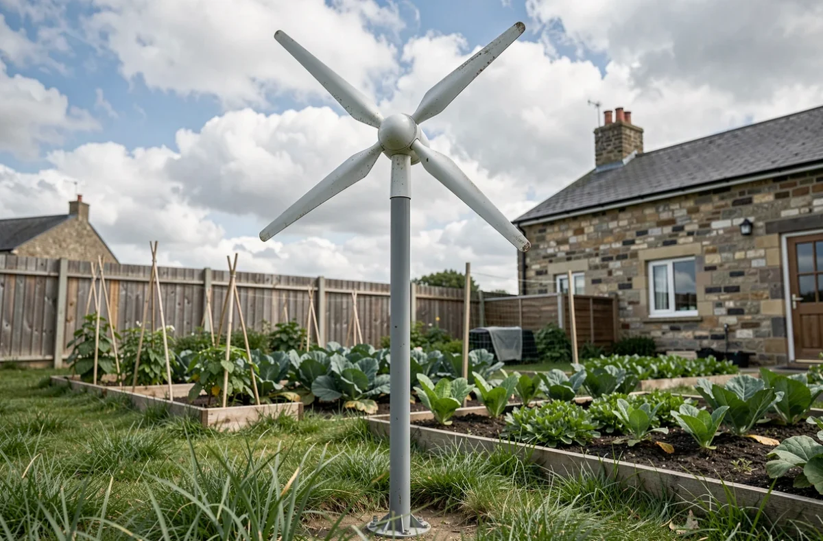 Petite éolienne domestique installée dans le jardin d'une maison rurale avec végétation
