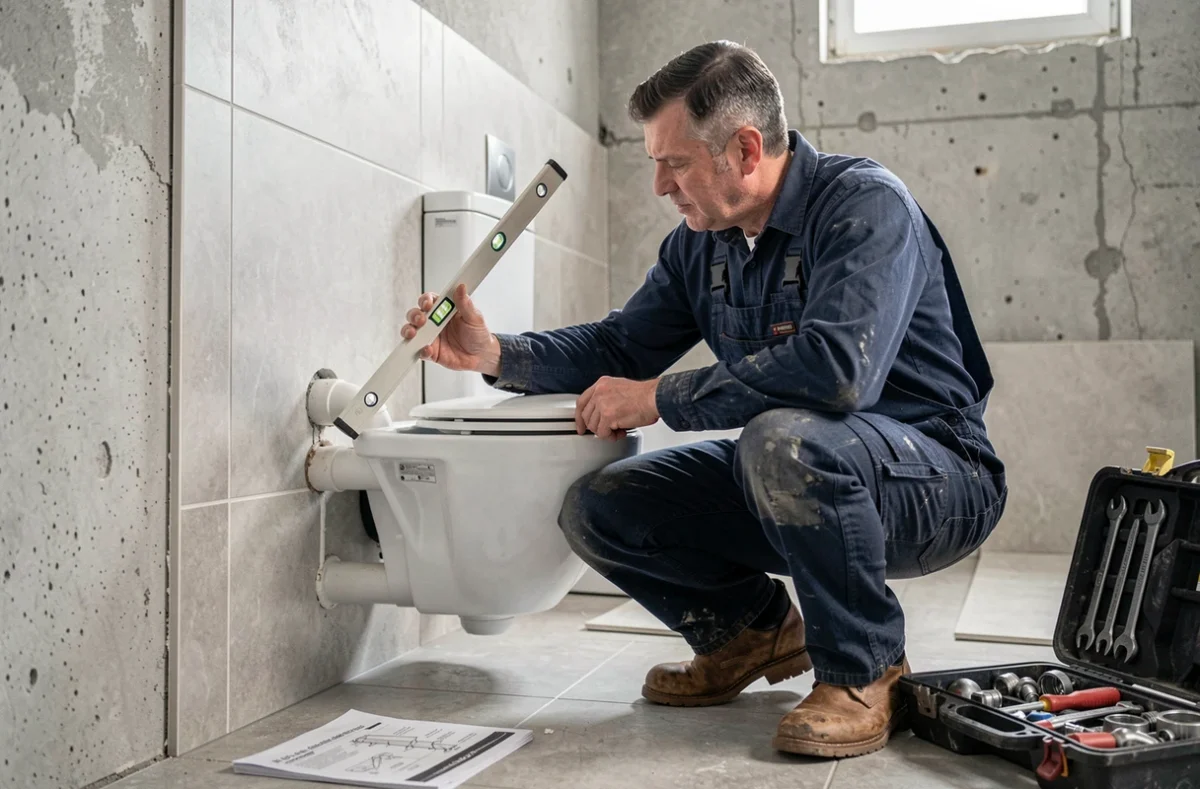 Plombier inspectant le raccordement d'une canalisation d'évacuation de toilettes dans une salle de bain en rénovation