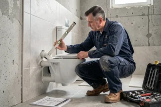Plombier inspectant le raccordement d'une canalisation d'évacuation de toilettes dans une salle de bain en rénovation