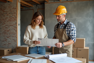 Femme examinant un panneau résistance au feu avec un professionnel