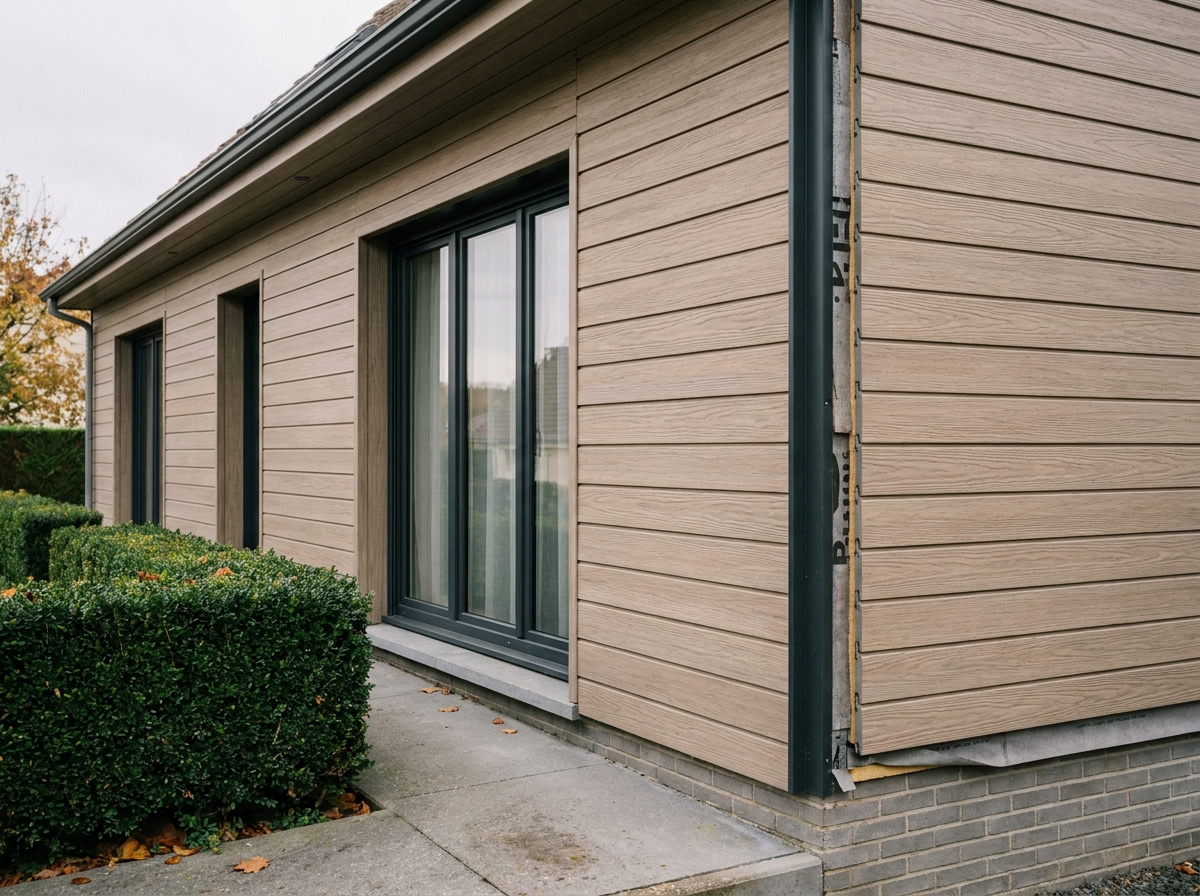 Façade de maison individuelle entièrement rénovée avec bardage en bois composite et isolation thermique extérieure