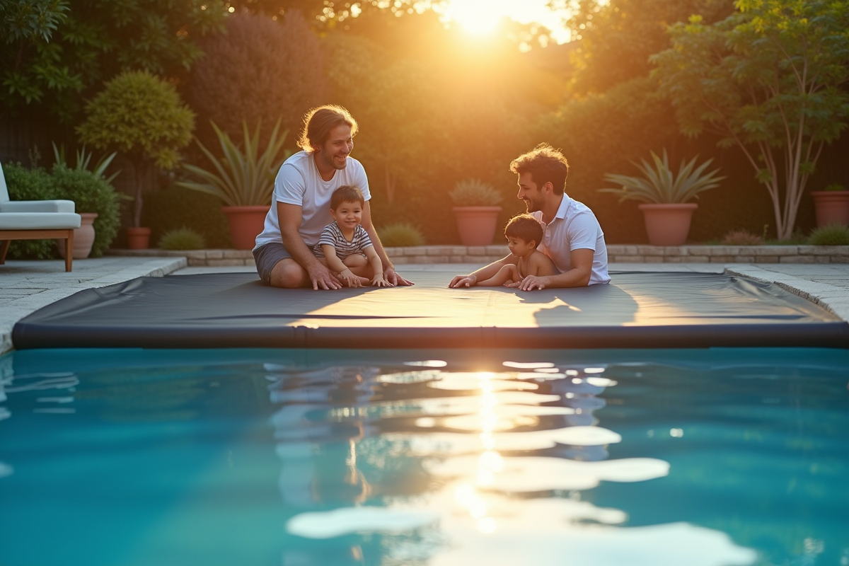 Famille utilisant une couverture solaire sur la piscine