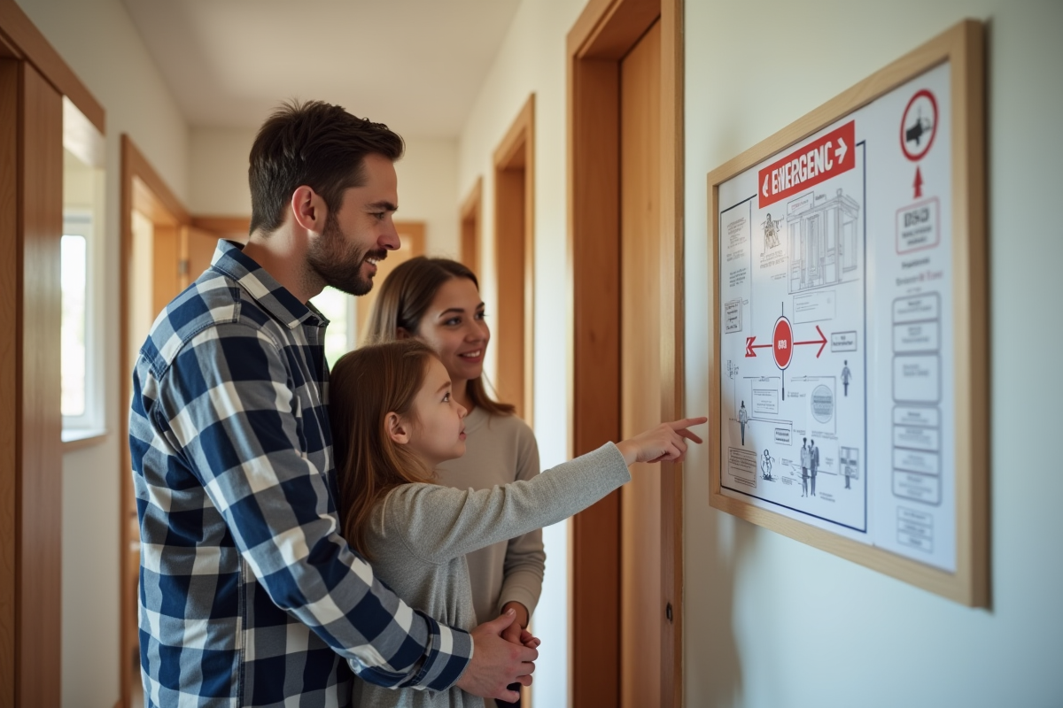 Famille étudiant un plan de sortie de secours dans leur nouvelle maison