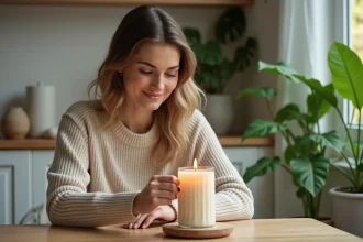Femme souriante allumant une bougie artisanale dans la cuisine