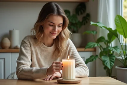 Femme souriante allumant une bougie artisanale dans la cuisine