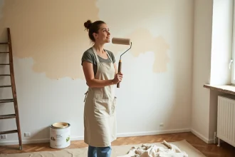 Femme appliquant une peinture écologique mate sur un mur intérieur avec un rouleau en fibres naturelles