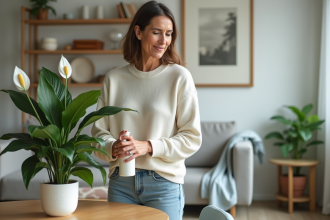 Femme arrosant une peace lily dans un salon lumineux