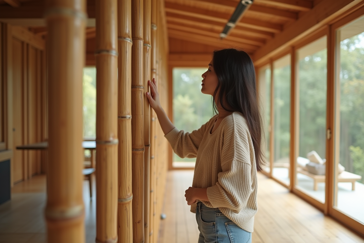 Jeune femme touchant un mur en bambou dans une maison écologique