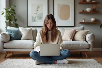 Femme assise sur un tapis dans un salon moderne avec art et déco