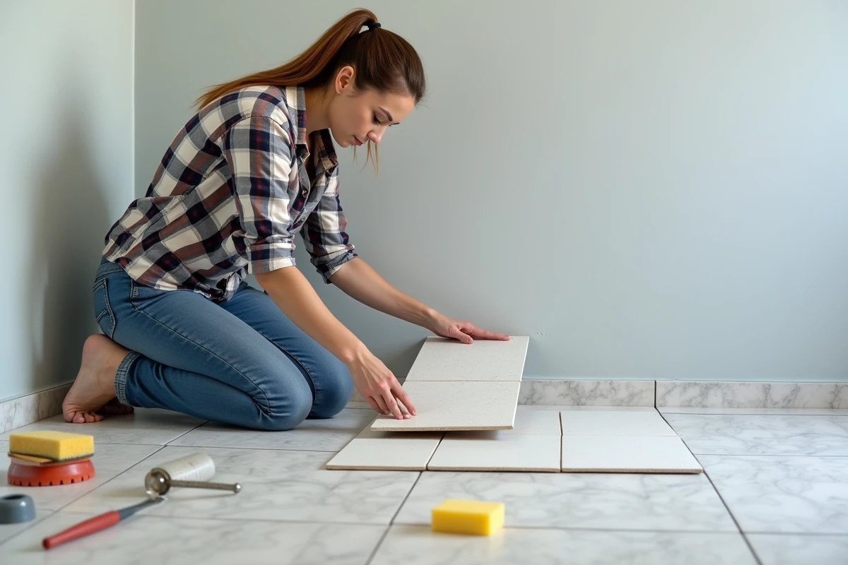 Femme posant une carreau dans une salle de bain
