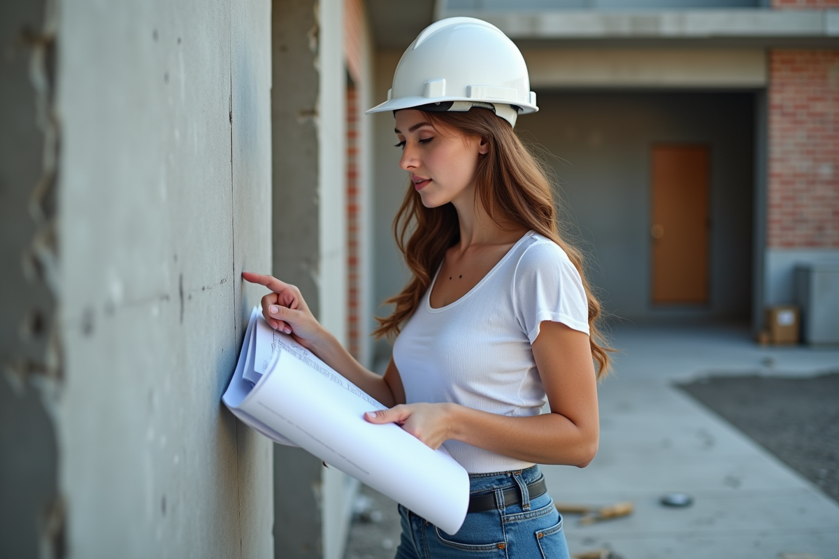 Jeune femme consultant des plans sur un chantier en béton