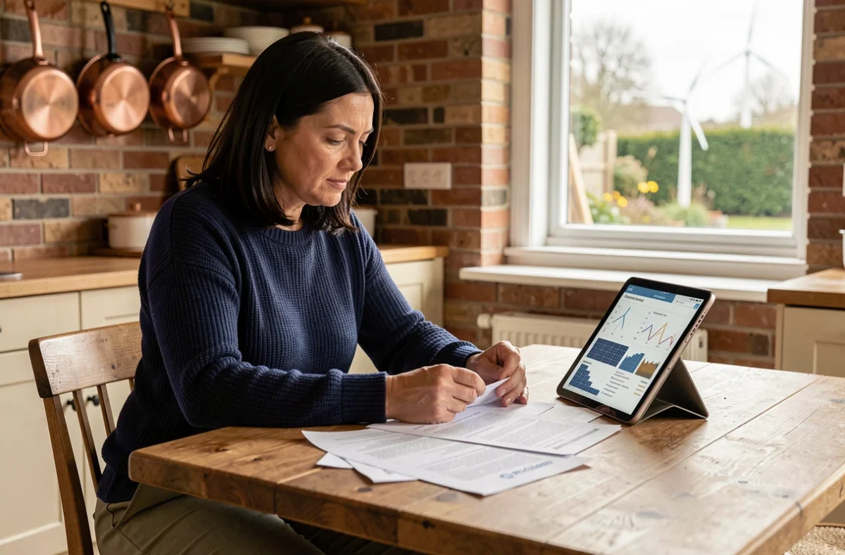 Femme comparant les solutions d'énergie solaire et éolienne à domicile sur tablette et documents