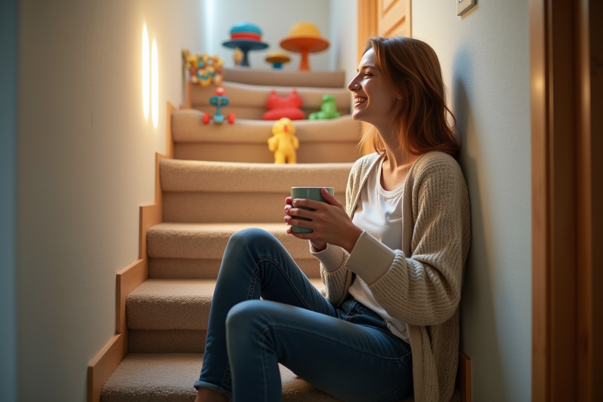 Jeune femme assise sur les escaliers du sous-sol avec une tasse de café