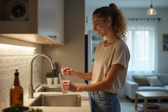 Jeune femme dans la cuisine moderne souriante et détendue