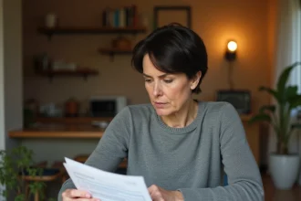 Femme consultant ses documents d'assurance habitation à la maison, inquiète de la hausse des tarifs en 2026