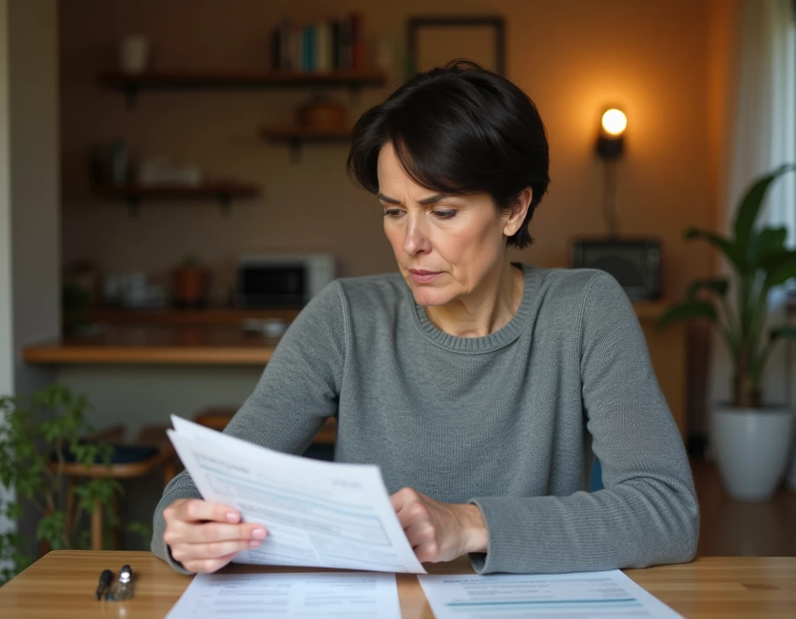 Femme consultant ses documents d'assurance habitation à la maison, inquiète de la hausse des tarifs en 2026