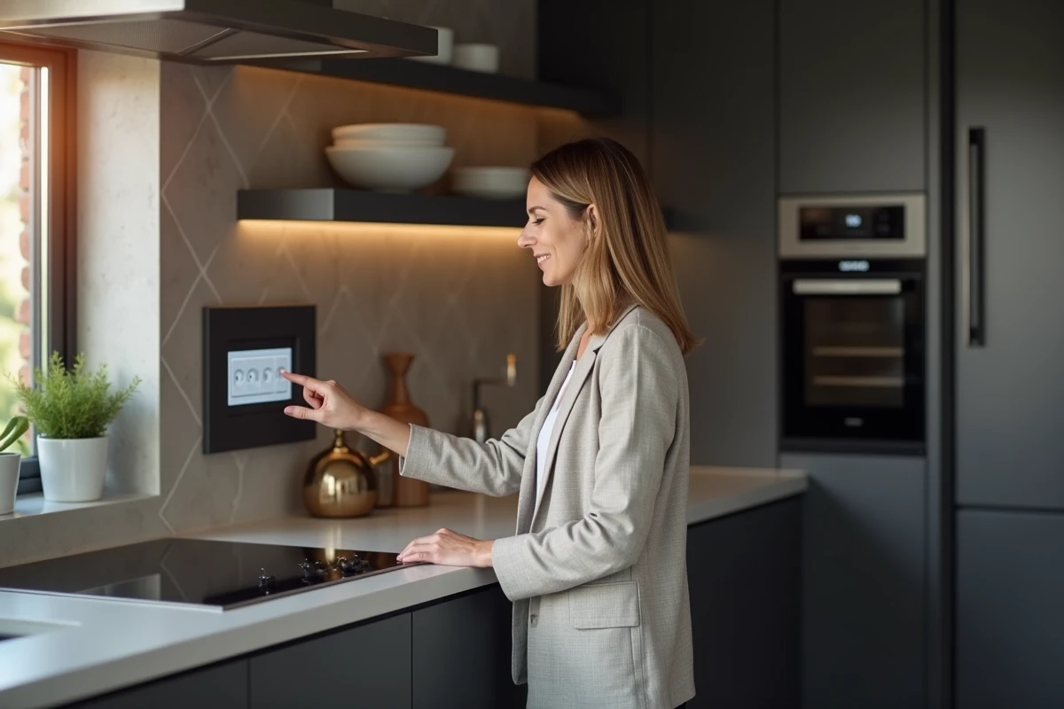Femme utilisant un panneau de contrôle domotique à côté d'une prise Legrand double dans une cuisine connectée moderne