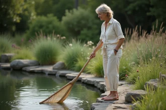 Femme en lin près d'une piscine écologique naturelle