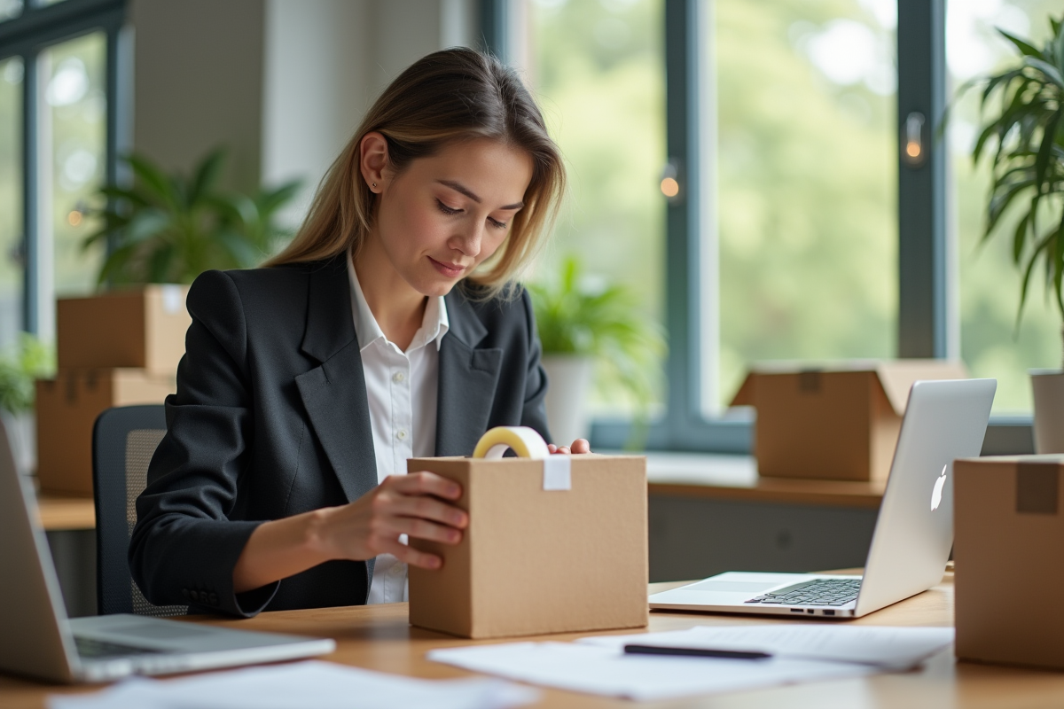 Femme en bureau assemblant une caisse en carton avec du ruban adhésif