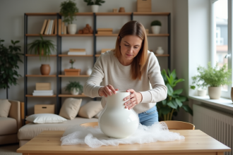 Femme emballant une porcelaine délicate avec du papier bulle