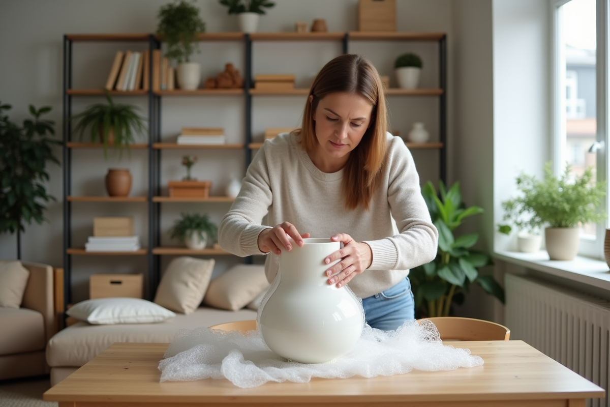 Femme emballant une porcelaine délicate avec du papier bulle