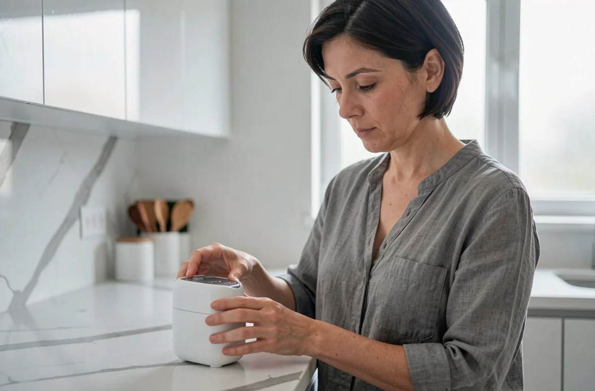 Femme évaluant un appareil électroménager de marque Elsay dans une cuisine moderne
