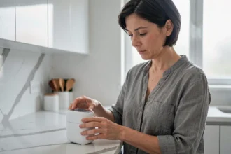 Femme évaluant un appareil électroménager de marque Elsay dans une cuisine moderne