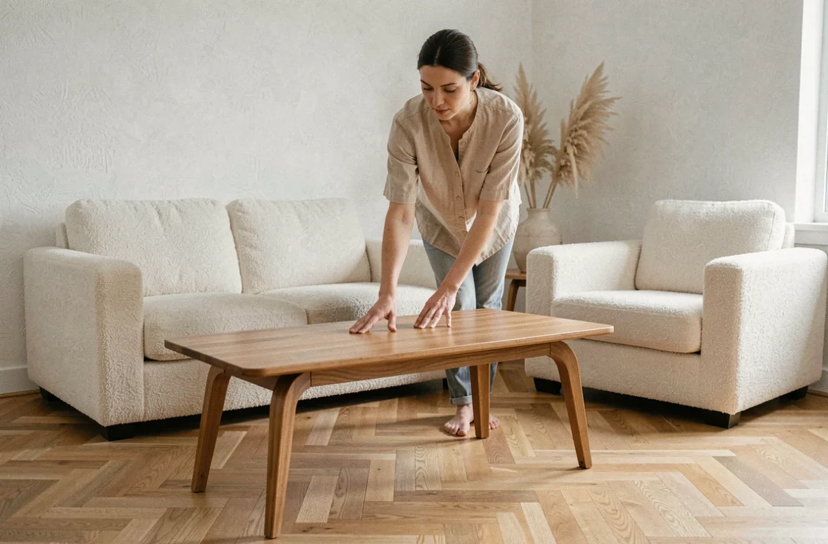 Femme évaluant un meuble design minimaliste en bois dans un salon scandinave moderne, style Sklum