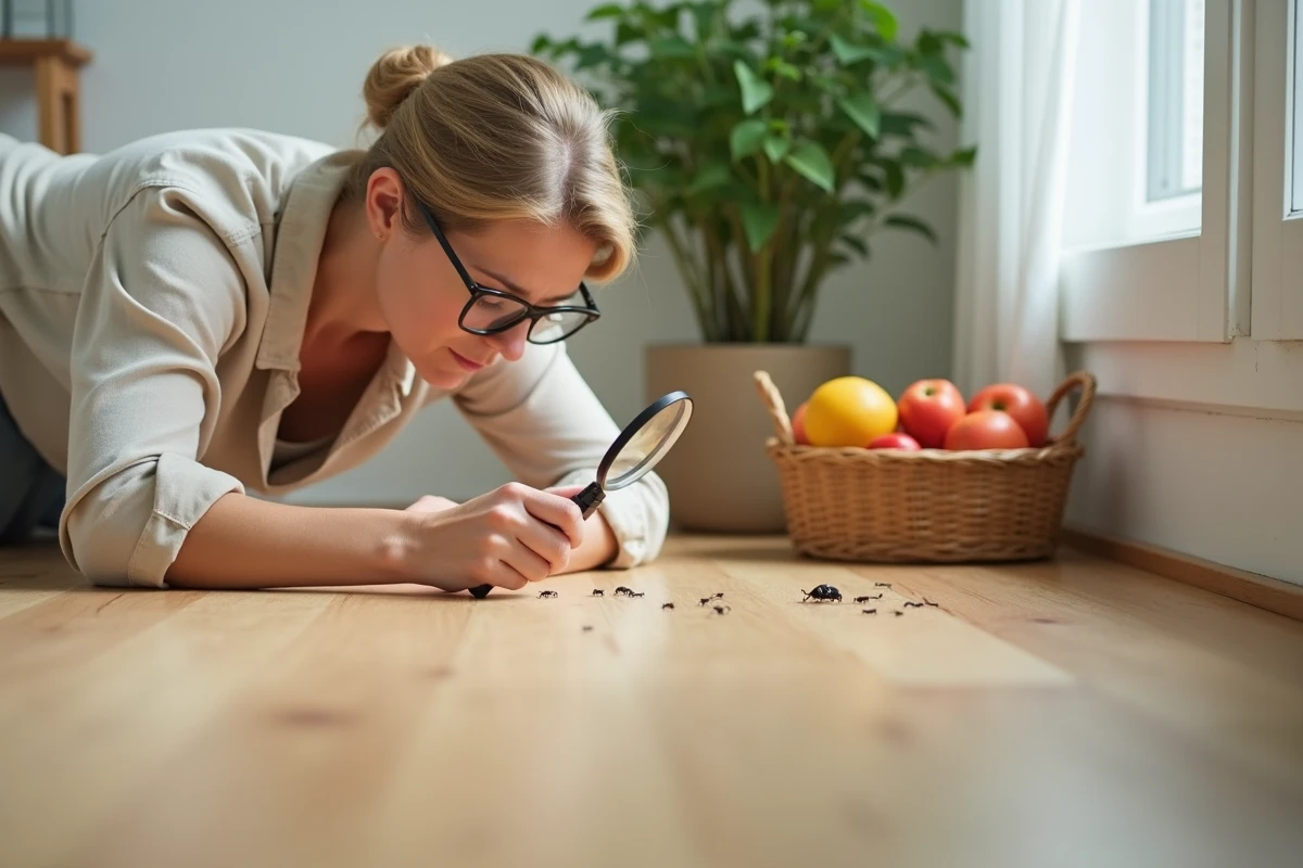 Femme examinant une trace d'insectes noirs le long d'une plinthe de cuisine
