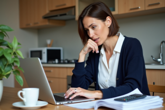 Femme d'âge moyen examinant des papiers dans une cuisine moderne
