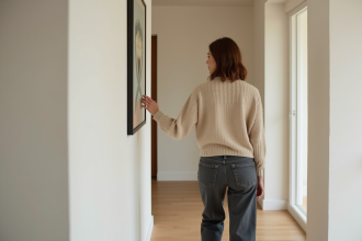 Femme marchant dans un couloir moderne et calme